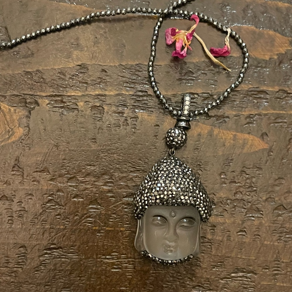 Glass Buddha pendant necklace with in pyrite/ Hematite beads. 32 inches long. - Picture 5 of 10